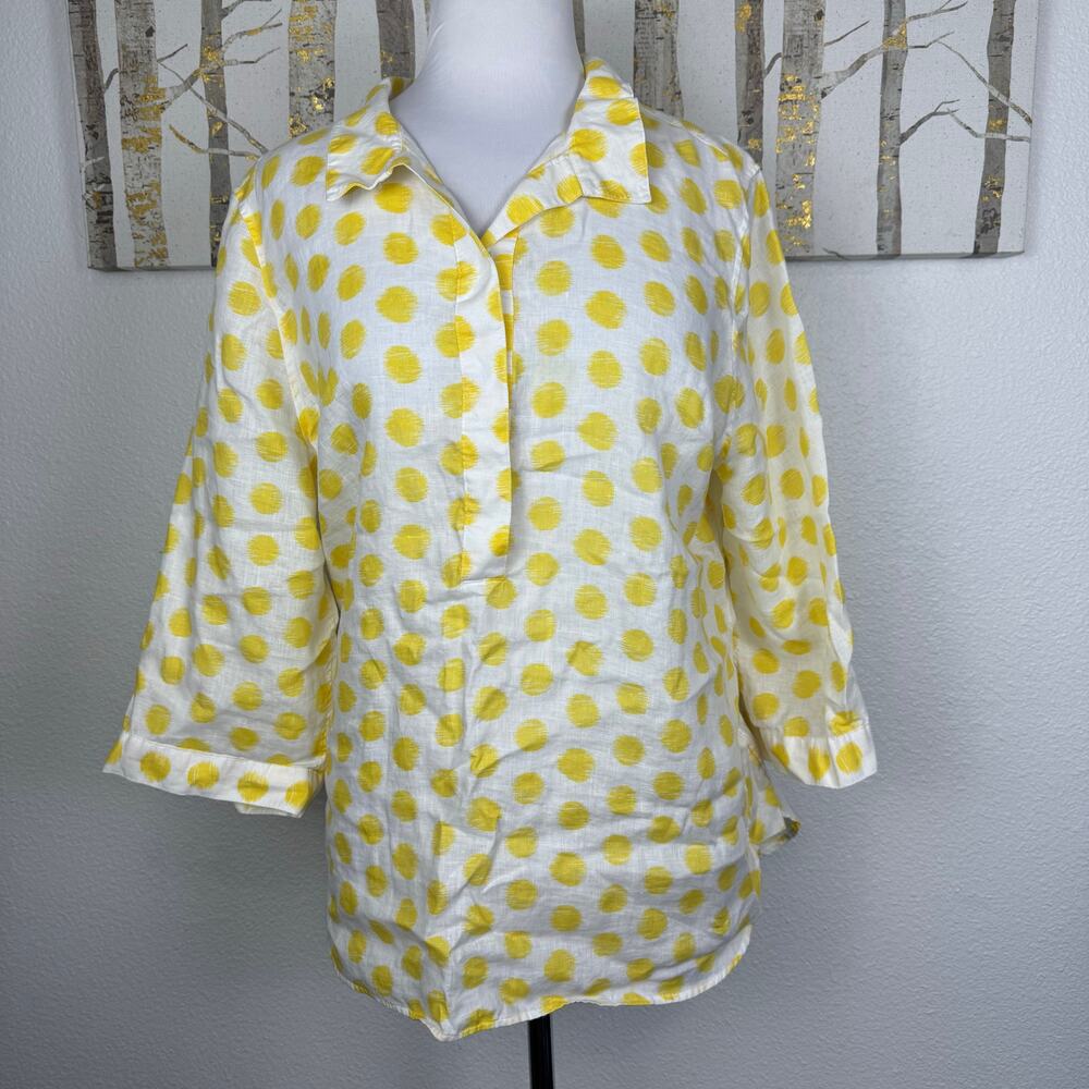 Chico's Linen No Iron Polka Dot Popover Blouse 3/4 Sleeve White Yellow 3 16